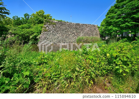 Stone walls and moat of the main citadel of Yodo Castle in Yamashiro Province 115894610