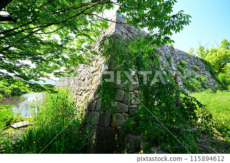Stone walls and moat of the main citadel of Yodo Castle in Yamashiro Province 115894612