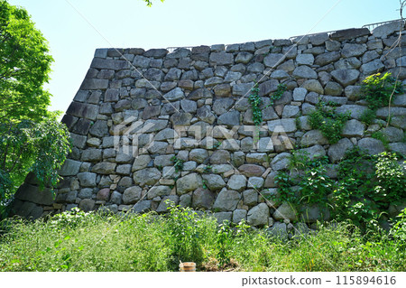 Stone walls and moat of the main citadel of Yodo Castle in Yamashiro Province 115894616