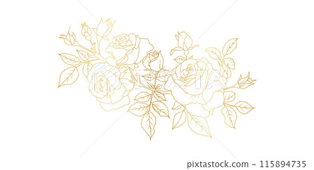 Golden rose flowers line art isolated on white background. Luxury roses floral design elements for invitation, wedding, wallpaper, print template, vector illustration 115894735