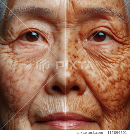 A face of a woman with SPF and without. Generative AI. 115894801