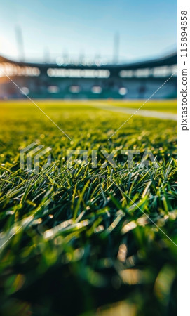 At grass level, the football field appears vast and green. The white boundary lines are crisp, and the goalposts loom in the distance, giving a player's-eye view of the expansive pitch 115894858
