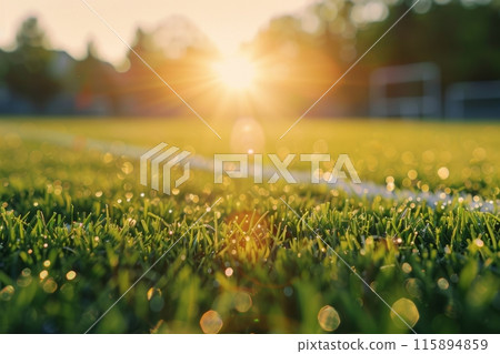 From grass level, the football field stretches endlessly, with vibrant green blades and white lines marking the pitch. The towering goalposts and stands create an awe-inspiring atmosphere 115894859