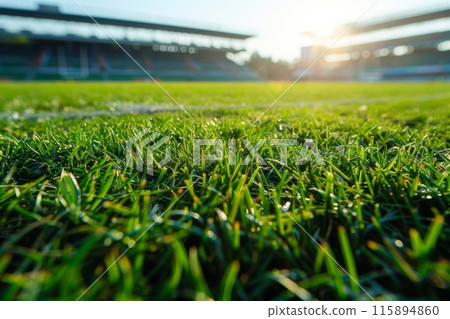 From grass level, the football field stretches endlessly, with vibrant green blades and white lines marking the pitch. The towering goalposts and stands create an awe-inspiring atmosphere 115894860