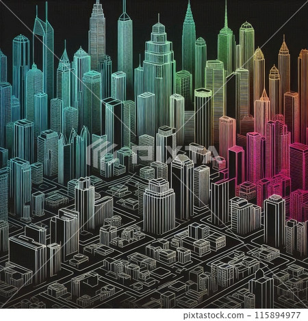 Outlines of a big city with many high-rise buildings. Generative ai. 115894977