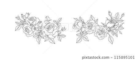 Rose flower arrangement line art on white background. Silhouette roses botanical hand drawn element for wedding, invitation frame design, vector illustration 115895101