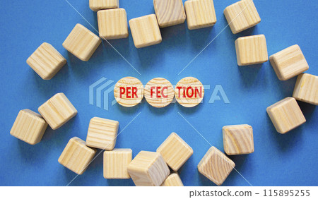 Perfection symbol. Concept word Perfection on beautiful wooden circles. Beautiful blue table blue background. Wooden cubes. Business perfection concept. Copy space. Perfection symbol. Concept word Perfection on beautiful wooden circles. Beautiful blue table blue background. Wooden cubes. Business perfection concept. Copy space. 115895255