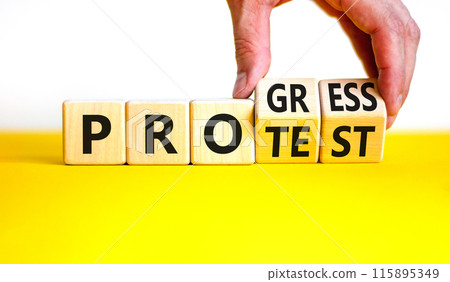 Progress vs protest symbol. Concept word Progress Protest on beautiful wooden cubes. Beautiful yellow table white background. Businessman hand. Business progress vs protest concept. Copy space. Progress vs protest symbol. Concept word Progress Protest on beautiful wooden cubes. Beautiful yellow table white background. Businessman hand. Business progress vs protest concept. Copy space. 115895349