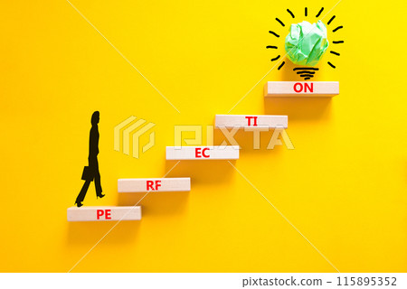 Perfection symbol. Concept word Perfection on beautiful wooden blocks. Businesswoman icon. Beautiful yellow background. Business perfection concept. Copy space. Perfection symbol. Concept word Perfection on beautiful wooden blocks. Businesswoman icon. Beautiful yellow background. Business perfection concept. Copy space. 115895352