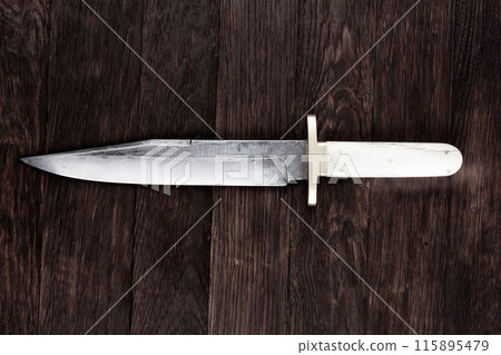 Old west bowie knife on wooden deck 115895479
