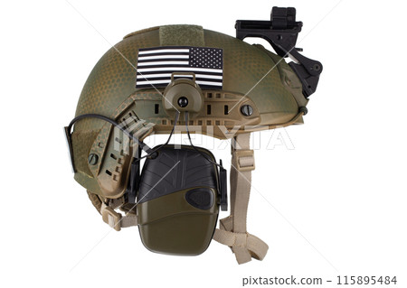 Night vision goggles on military helmet with US national flag 115895484