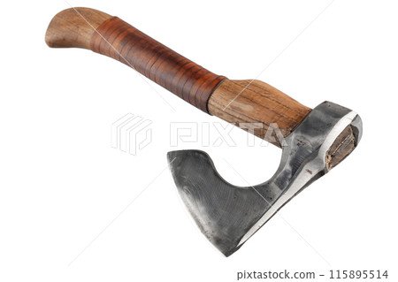 battle axe with wooden handle on white 115895514
