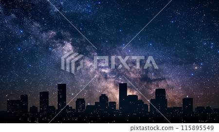 Blackout and power outage. Cityscape under a star-filled sky with the Milky Way visible. Blackout and power outage. Cityscape under a star-filled sky with the Milky Way visible. 115895549