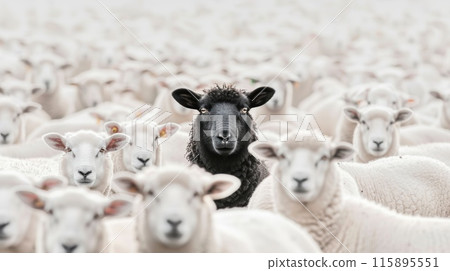 Black sheep amidst white sheep, emphasizing uniqueness and individuality in a group. Symbol of standing out and diversity in a herd. 115895551