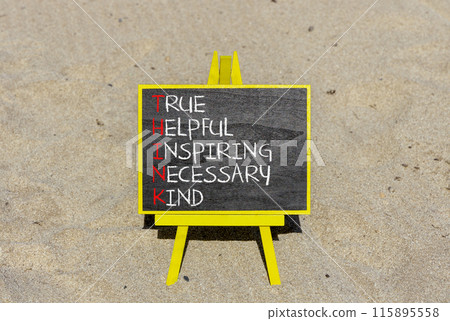 Think symbol. Concept words Think before you speak true helpful inspiring necessary kind on black blackboard. Beautiful sand background. Business Think true helpful inspiring necessary kind concept. Think symbol. Concept words Think before you speak true helpful inspiring necessary kind on black blackboard. Beautiful sand background. Business Think true helpful inspiring necessary kind concept. 115895558