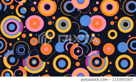 Colorful circle pattern with blue, orange, pink, and yellow on black background. Playful and modern seamless pattern concept. 115895567