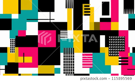 Abstract square pattern with black, teal, yellow, and pink on white background. Creative and vibrant seamless pattern concept. 115895569