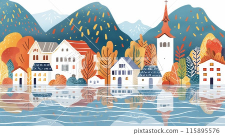 Illustrated autumn village with vibrant trees and houses reflecting in calm water, set against a mountain backdrop, creating a serene and colorful scene. 115895576