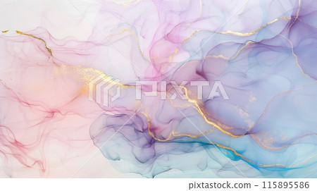 A stunning fluid art composition featuring wavy pastel ribbons in pink, purple, and blue, accented with shimmering gold highlights. A stunning fluid art composition featuring wavy pastel ribbons in pink, purple, and blue, accented with shimmering gold highlights. 115895586