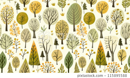 Whimsical illustration of various trees in autumn colors forming a seamless pattern. Ideal for seasonal, nature-themed, and playful designs. Whimsical illustration of various trees in autumn colors forming a seamless pattern. Ideal for seasonal, nature-themed, and playful designs. 115895588