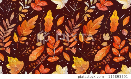 Autumn-themed seamless pattern with various leaves in warm colors on a dark background. Perfect for seasonal and nature-inspired designs. Autumn-themed seamless pattern with various leaves in warm colors on a dark background. Perfect for seasonal and nature-inspired designs. 115895591