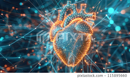 Glowing digital heart surrounded by interconnected networks of light and nodes, symbolizing technology and connectivity in healthcare and science. 115895660