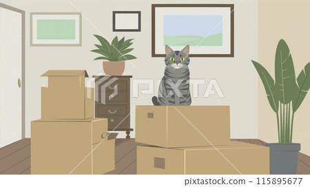 Illustration of a gray cat sitting among stacked cardboard boxes in a sunlit room, symbolizing a calm and organized moving day. Illustration of a gray cat sitting among stacked cardboard boxes in a sunlit room, symbolizing a calm and organized moving day. 115895677