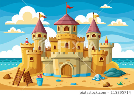 Sand castle cartoon drawing. Composition with beautiful sandy tower, on the sea shore Sand castle cartoon drawing. Composition with beautiful sandy tower, on the sea shore 115895714