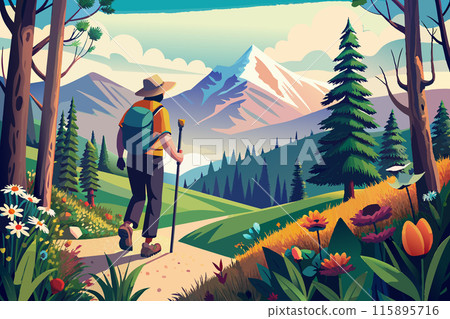 Summer hiking scene with person walking in the forest, by the trail to mountains Summer hiking scene with person walking in the forest, by the trail to mountains 115895716