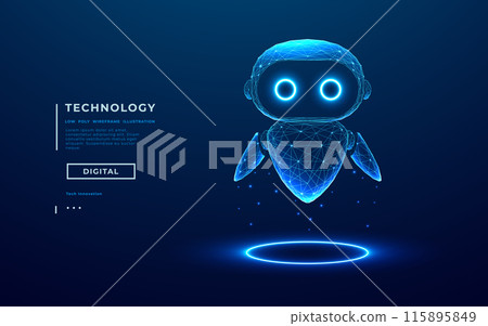 3D abstract digital AI robot floating above light blue neon portal.  115895849