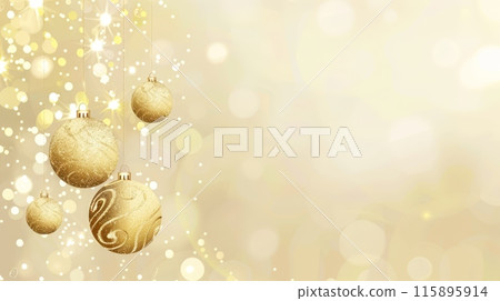 Golden Christmas ornaments with sparkling lights and a soft bokeh background, creating a festive and elegant holiday scene. 115895914