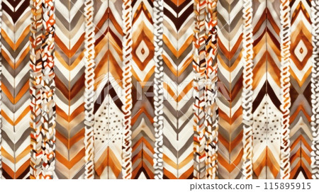Seamless pattern of knitted fabrics in warm tones of red, orange, and beige. The cozy texture and intricate designs highlight craftsmanship and autumn vibes. 115895915