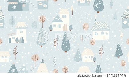 Charming illustration of a winter village with pastel houses and trees on a white background, forming a seamless pattern. Festive decor. Charming illustration of a winter village with pastel houses and trees on a white background, forming a seamless pattern. Festive decor. 115895919