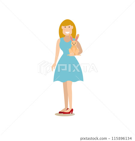 Domestic rabbit owner female with her pet vector flat illustration 115896134