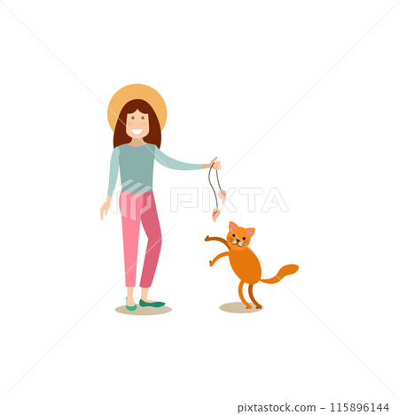 Cat owner female with her pet vector flat illustration Cat owner female with her pet vector flat illustration 115896144
