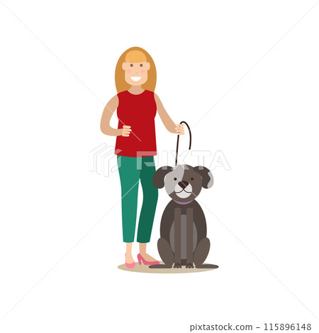 Dog owner female with her pet vector flat illustration 115896148