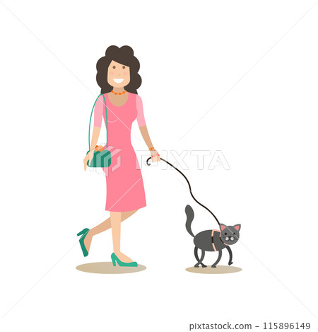 Cat owner female with her pet vector flat illustration Cat owner female with her pet vector flat illustration 115896149