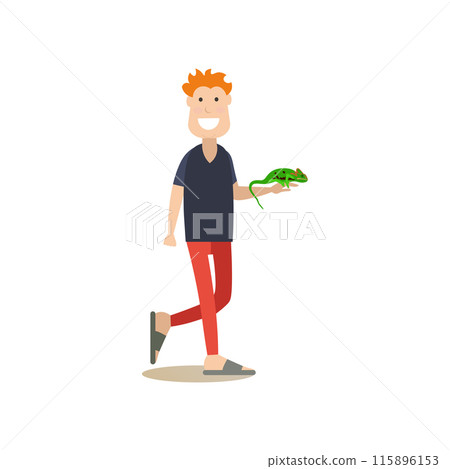 Pet owner with his green lizard iguana vector flat illustration 115896153