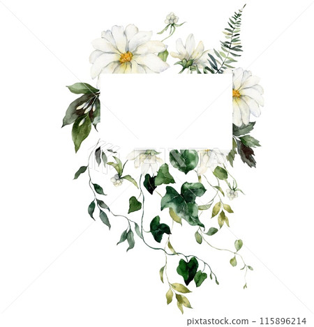 Watercolor floral horizontal frame featuring flowers, herbs and buds. Hand-drawn composition of a plant bouquet on a white background. An outdoor illustration for design, printing, fabric background. Watercolor floral horizontal frame featuring flowers, herbs and buds. Hand-drawn composition of a plant bouquet on a white background. An outdoor illustration for design, printing, fabric background. 115896214