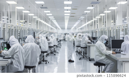 Engineers assembling semiconductors at a high-tech facility in Japan 115896624