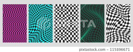 Psychedelic checkerboard vertical posters with seamless pattern with warped grid tile, deformed curvy lines 115896671