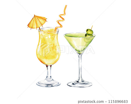 alcoholic cocktails with a straw, umbrella, martini with green olive fruits, watercolor illustration of summer refreshing beverage in a glass, sketch of tropical drinks, food theme 115896683
