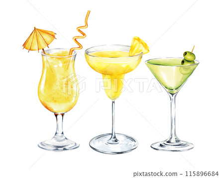 alcoholic cocktails with a straw, umbrella, martini with green olive fruits, margarita with slice of pineapple, watercolor illustration of summer refreshing beverage in a glass, sketch, tropical drink alcoholic cocktails with a straw, umbrella, martini with green olive fruits, margarita with slice of pineapple, watercolor illustration of summer refreshing beverage in a glass, sketch, tropical drink 115896684