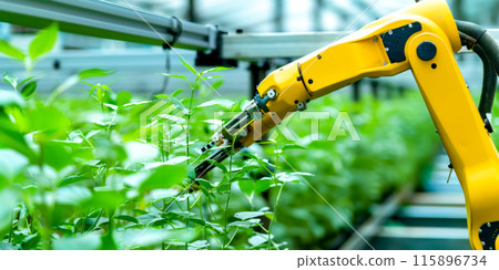 Robotic arm that is holding plant in it's right hand. 115896734