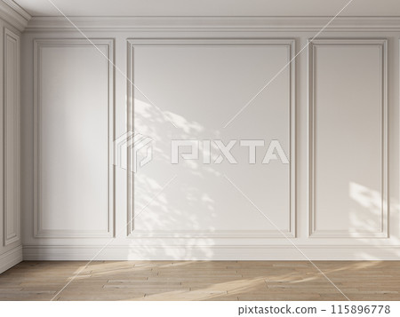 Empty classic modern white interior with blank wall, mouldings, parquet and sunlight. 3d render illustration mockup. Empty classic modern white interior with blank wall, mouldings, parquet and sunlight. 3d render illustration mockup. 115896778