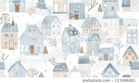 Seamless pattern of charming village houses in soft blue and beige tones, set in a winter scene. The cozy illustration evokes a festive, tranquil atmosphere. 115896801