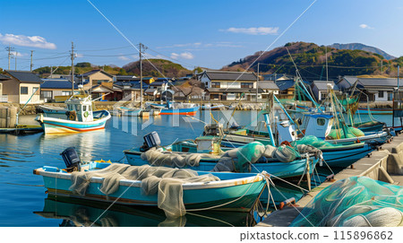 日本漁村風光與定網捕魚 日本漁村風光與定網捕魚 115896862