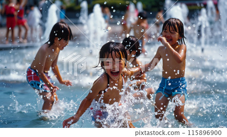 Japanese children playing in a fountain 115896900