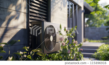 Air conditioner unit outside a Japanese house 115896916