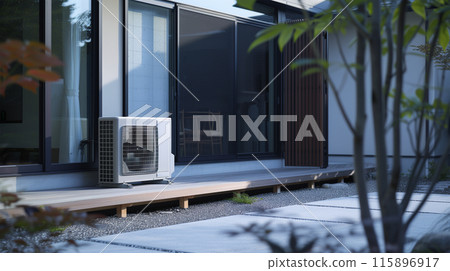Air conditioner unit outside a Japanese house Air conditioner unit outside a Japanese house 115896917